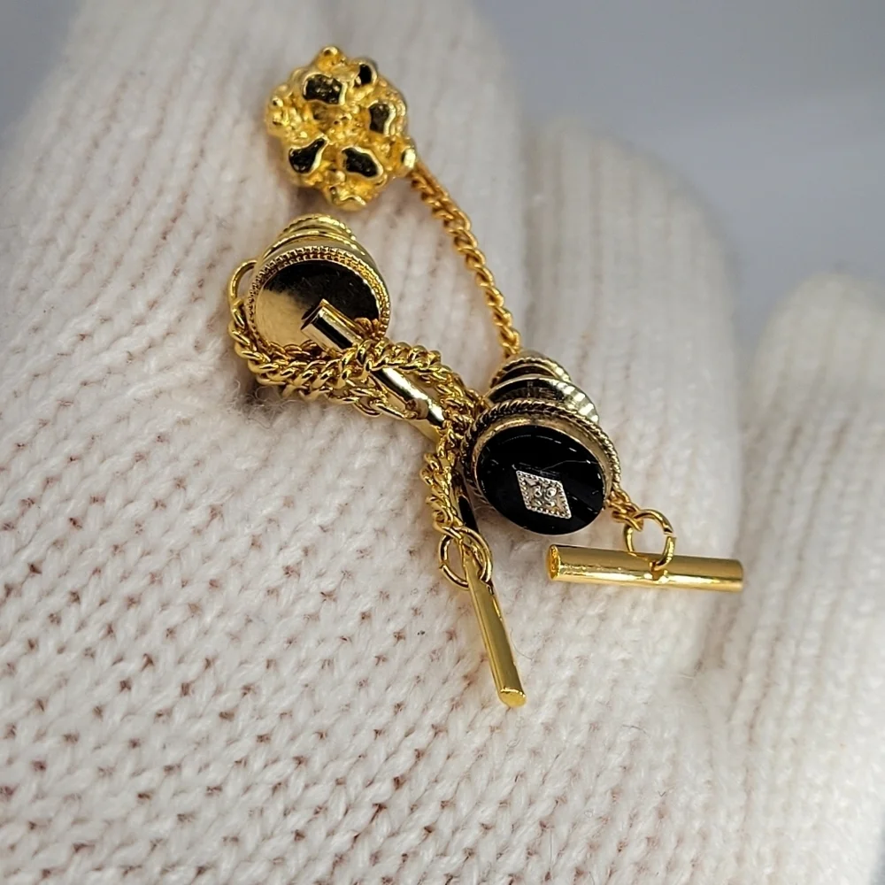 Mint! Lot of 3 Tie Tack Gold Tone Black Glass Stone, Two Accent Gold